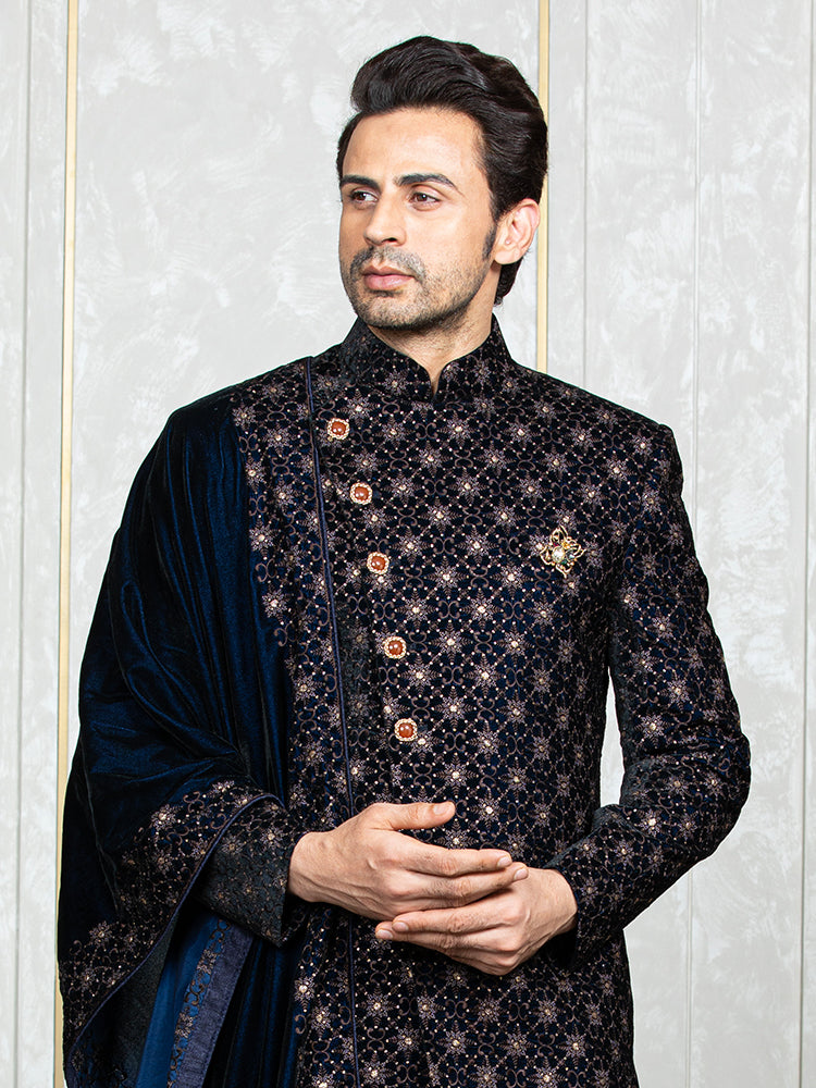 Wine Velvet Embroidered Sherwani Set with Dupatta