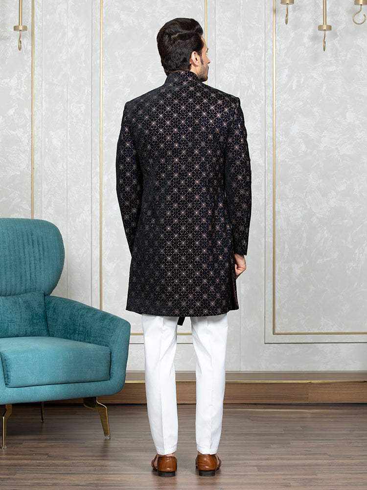 Wine Velvet Embroidered Sherwani Set with Dupatta