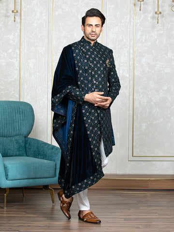 Ferozi Velvet Embroidered Sherwani Set with Dupatta