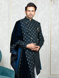 Ferozi Velvet Embroidered Sherwani Set with Dupatta