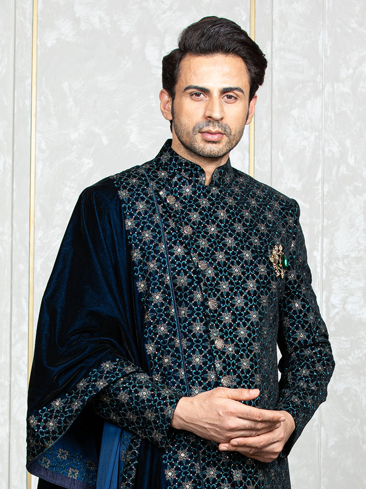 Ferozi Velvet Embroidered Sherwani Set with Dupatta