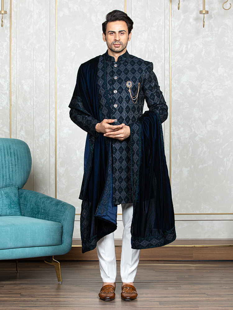 Ferozi Velvet Embroidered Sherwani Set with Dupatta