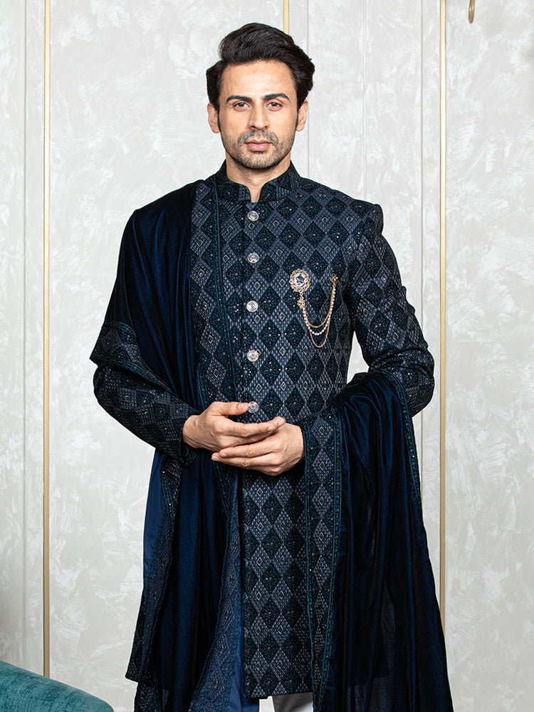 Ferozi Velvet Embroidered Sherwani Set with Dupatta