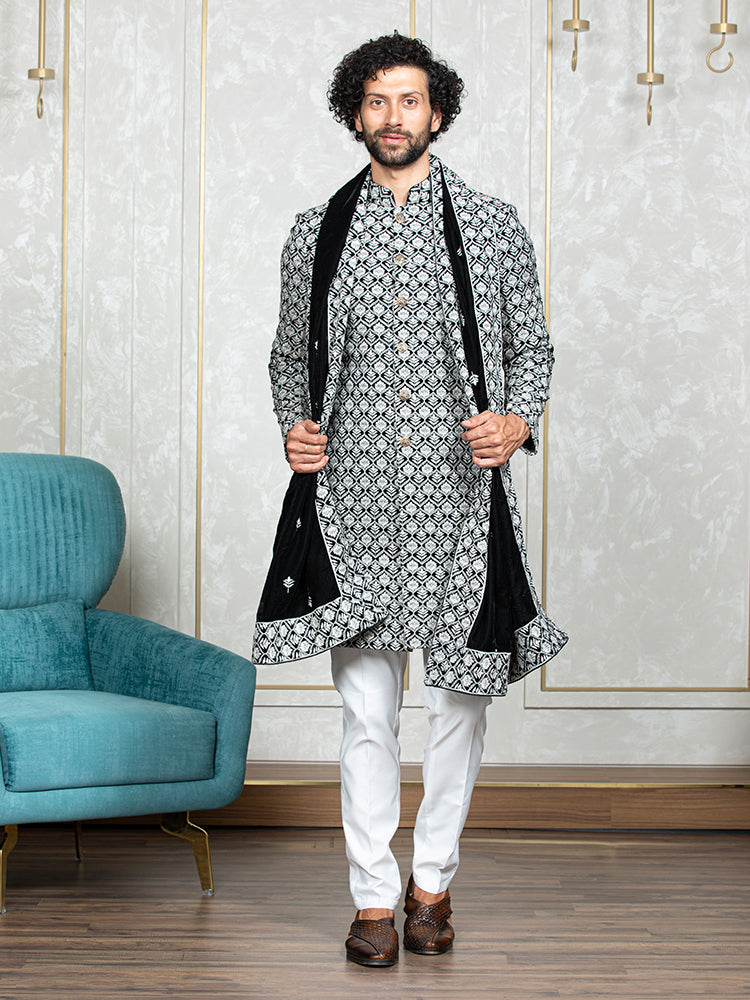 Black Velvet Embroidered Sherwani Set with Dupatta