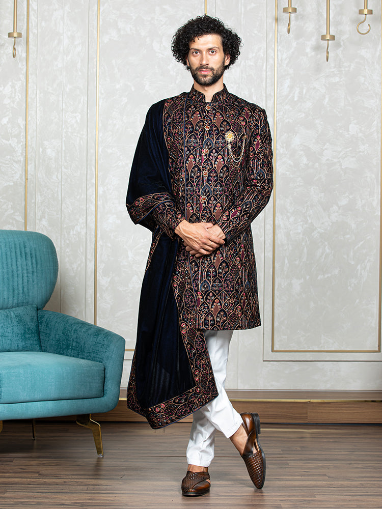 Navy Blue Velvet Embroidered Sherwani Set with Dupatta