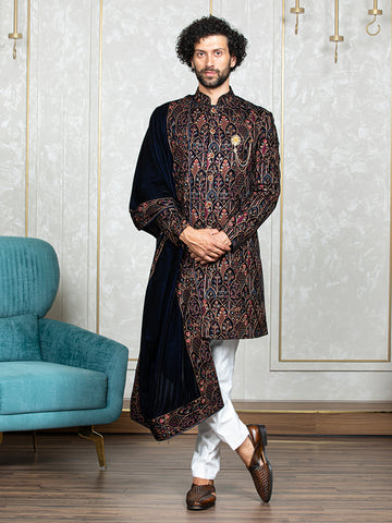 Navy Blue Velvet Embroidered Sherwani Set with Dupatta