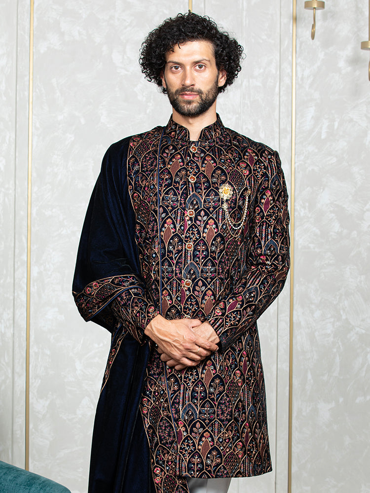 Navy Blue Velvet Embroidered Sherwani Set with Dupatta