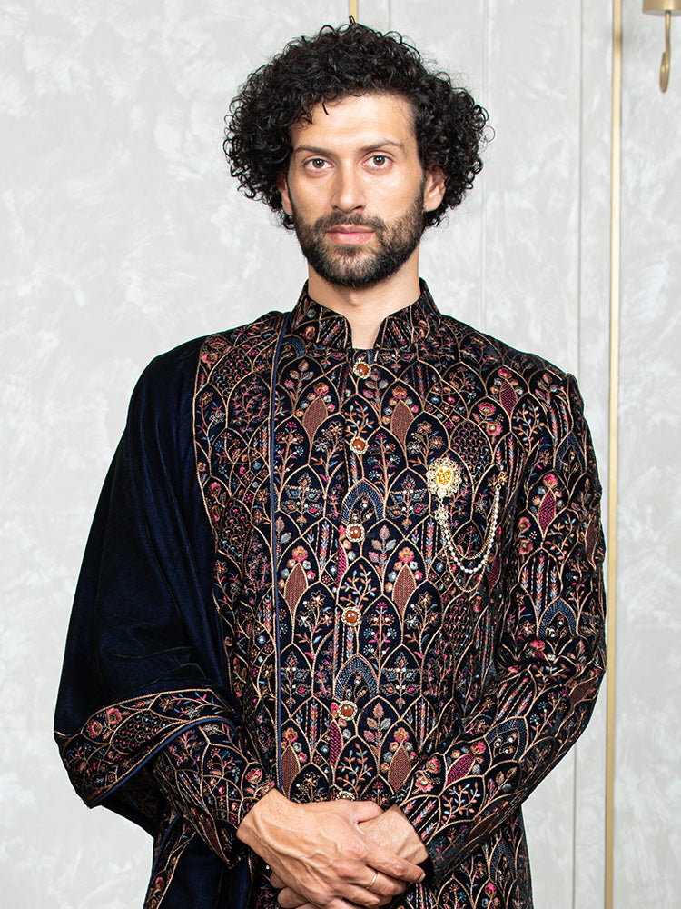 Navy Blue Velvet Embroidered Sherwani Set with Dupatta