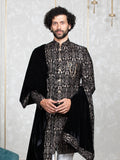 Wine Velvet Embroidered Sherwani Set with Dupatta