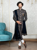 Navy Blue Velvet Embroidered Sherwani Set with Dupatta