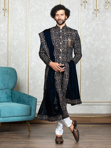 Navy Blue Velvet Embroidered Sherwani Set with Dupatta