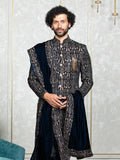 Navy Blue Velvet Embroidered Sherwani Set with Dupatta