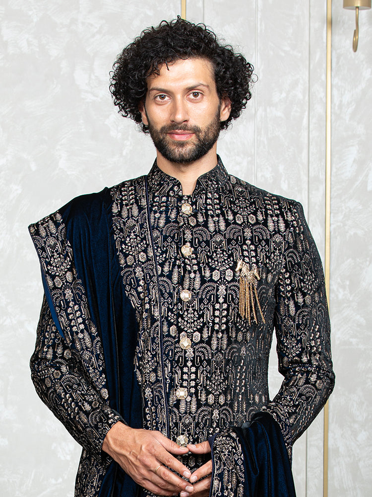 Navy Blue Velvet Embroidered Sherwani Set with Dupatta