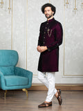 Wine Velvet Embroidered Sherwani Set