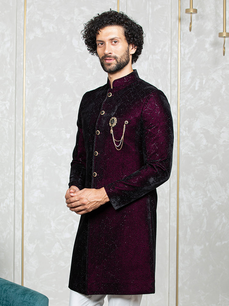 Wine Velvet Embroidered Sherwani Set