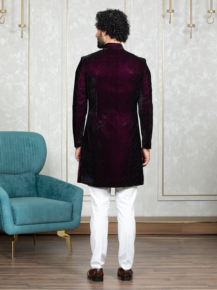 Wine Velvet Embroidered Sherwani Set