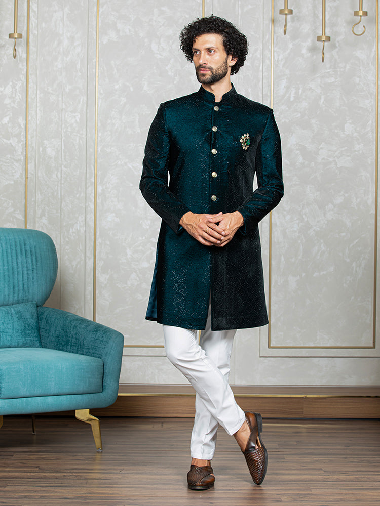 Rama Green Velvet Embroidered Sherwani Set