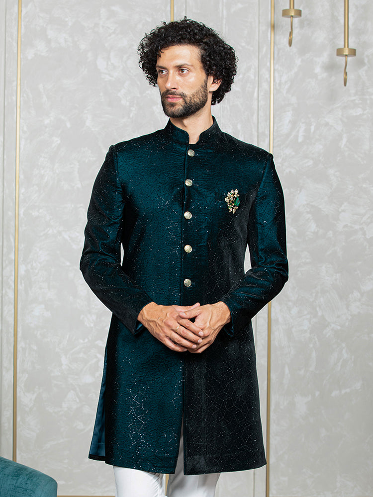 Rama Green Velvet Embroidered Sherwani Set