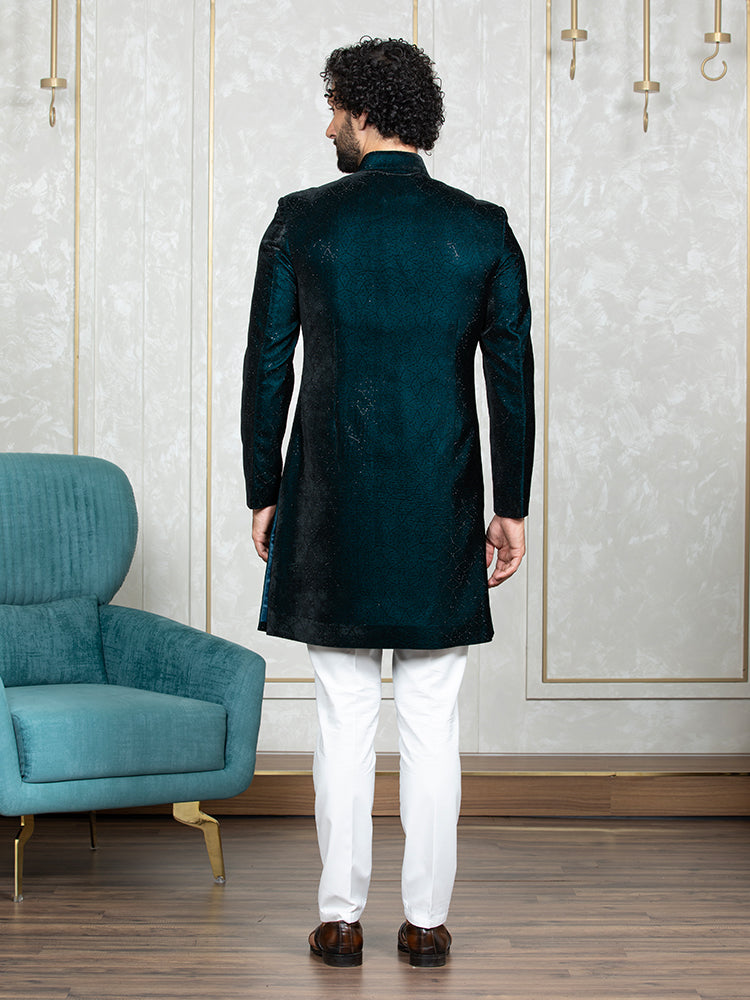 Rama Green Velvet Embroidered Sherwani Set