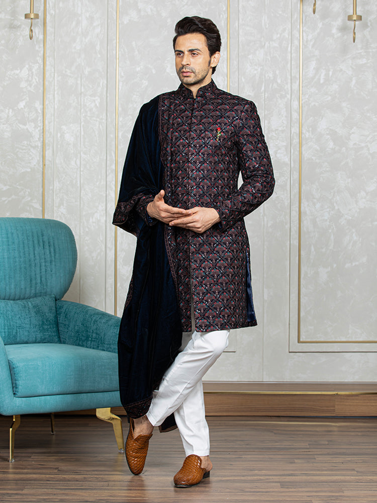 Coffee Velvet Embroidered Sherwani Set with Dupatta