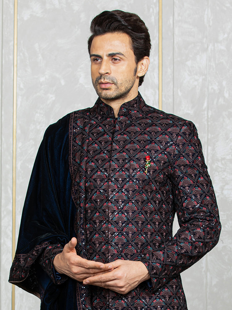 Coffee Velvet Embroidered Sherwani Set with Dupatta