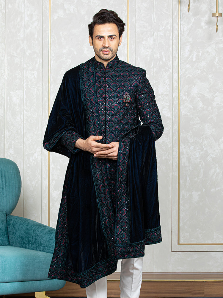 Ferozi Velvet Embroidered Sherwani Set with Dupatta