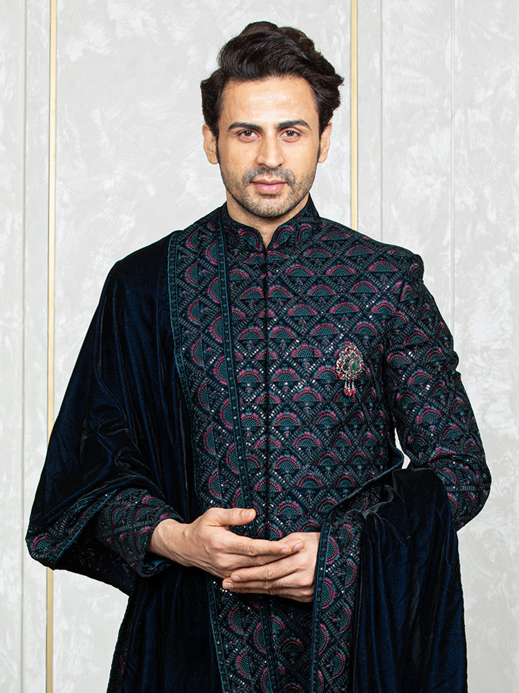 Ferozi Velvet Embroidered Sherwani Set with Dupatta