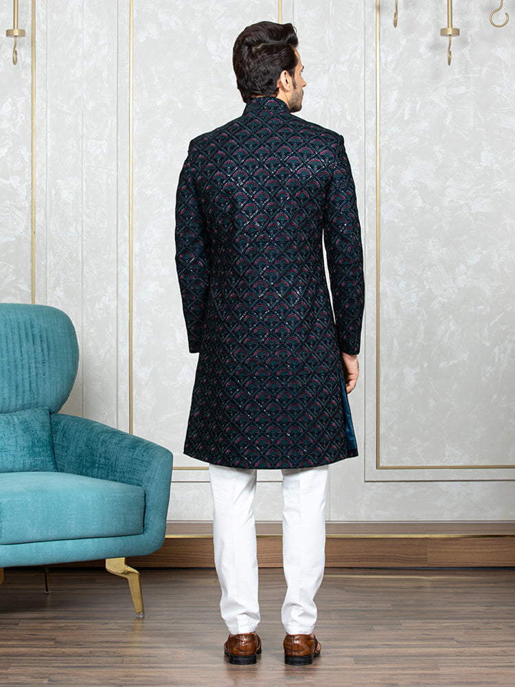 Ferozi Velvet Embroidered Sherwani Set with Dupatta