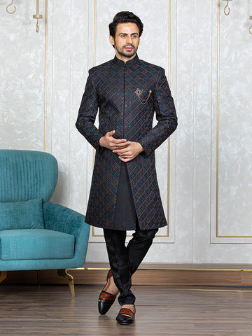 Dark Grey Banglori Silk Embroidered Sherwani Set