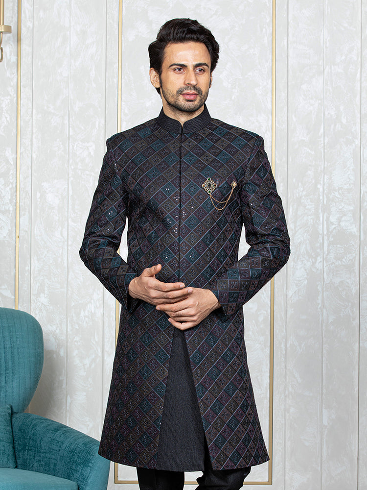 Dark Grey Banglori Silk Embroidered Sherwani Set