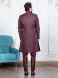 Wine Banglori Silk Embroidered Sherwani Set