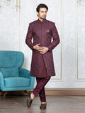 Wine Banglori Silk Embroidered Sherwani Set