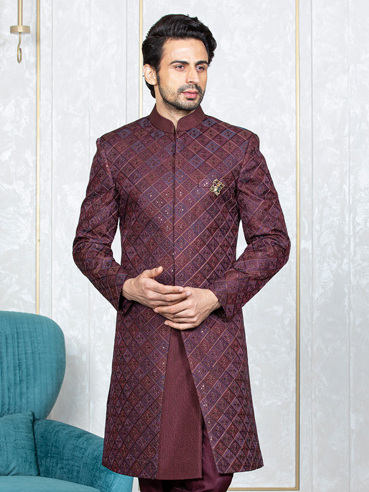 Wine Banglori Silk Embroidered Sherwani Set