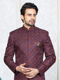 Wine Banglori Silk Embroidered Sherwani Set