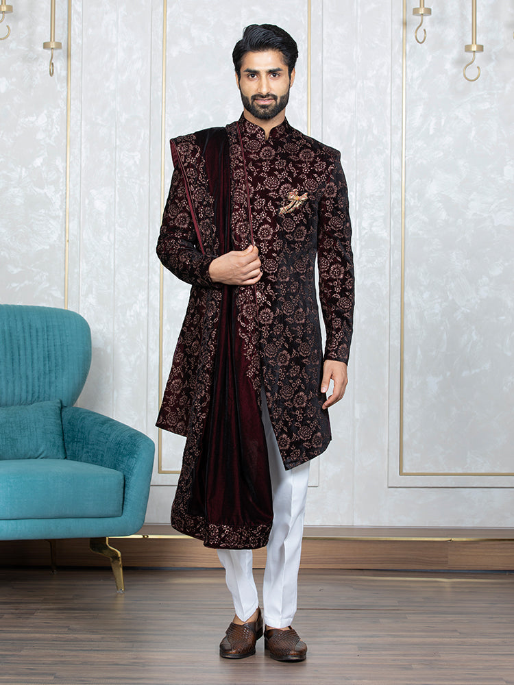 Mehroon Velvet Embroidered Sherwani Set with Dupatta