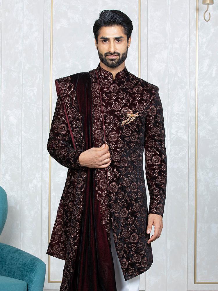 Mehroon Velvet Embroidered Sherwani Set with Dupatta