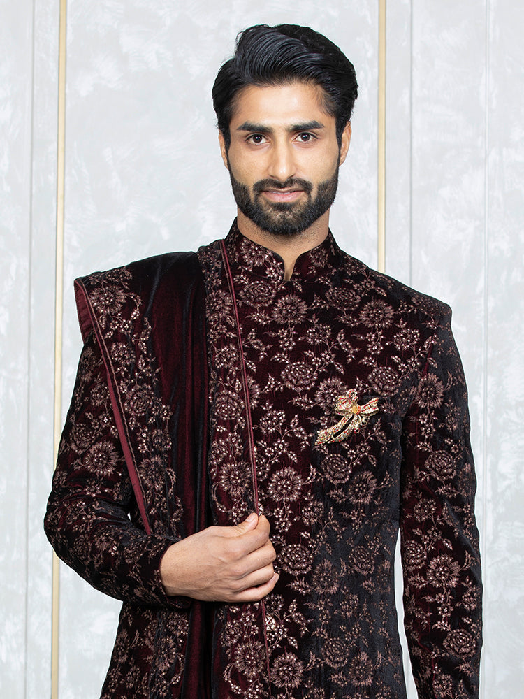 Mehroon Velvet Embroidered Sherwani Set with Dupatta