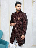 Mehroon Velvet Embroidered Sherwani Set with Dupatta