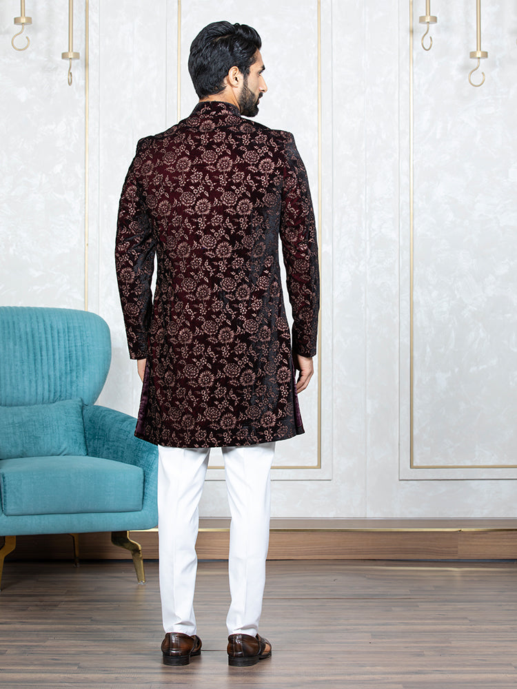 Mehroon Velvet Embroidered Sherwani Set with Dupatta