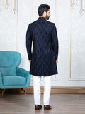 Blue Velvet Embroidered Sherwani Set with Dupatta