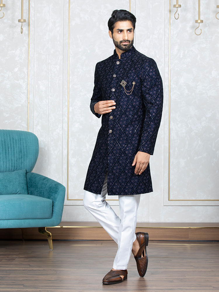 Blue Velvet Embroidered Sherwani Set with Dupatta