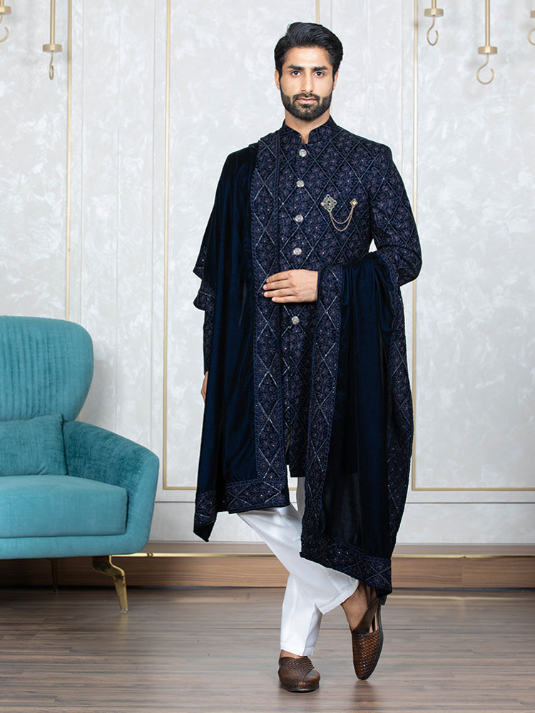 Blue Velvet Embroidered Sherwani Set with Dupatta