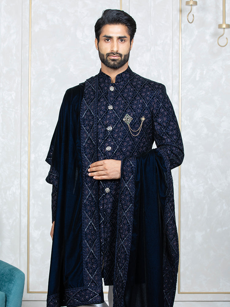 Blue Velvet Embroidered Sherwani Set with Dupatta