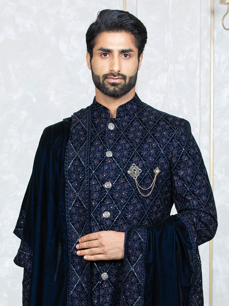 Blue Velvet Embroidered Sherwani Set with Dupatta