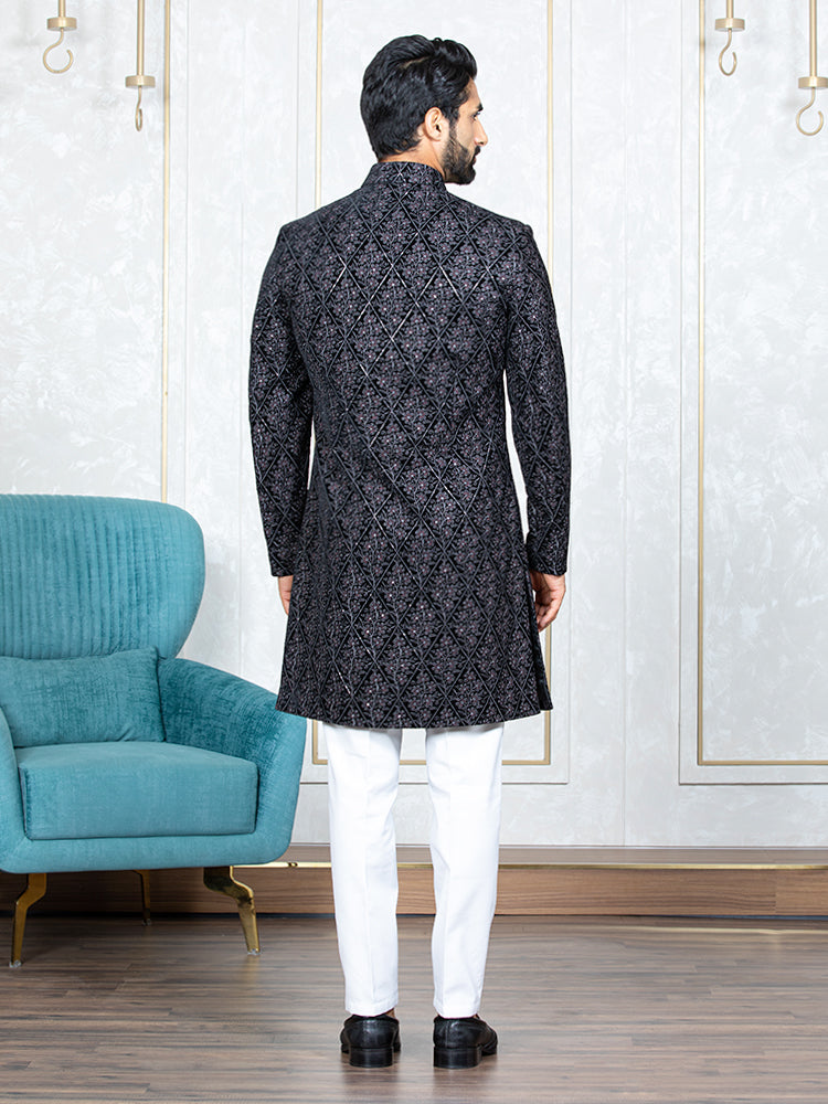 Grey Velvet Embroidered Sherwani Set with Dupatta