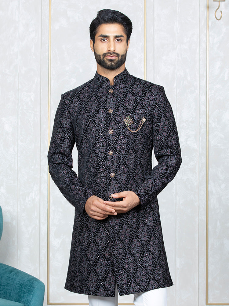 Grey Velvet Embroidered Sherwani Set