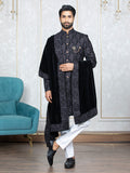 Grey Velvet Embroidered Sherwani Set with Dupatta