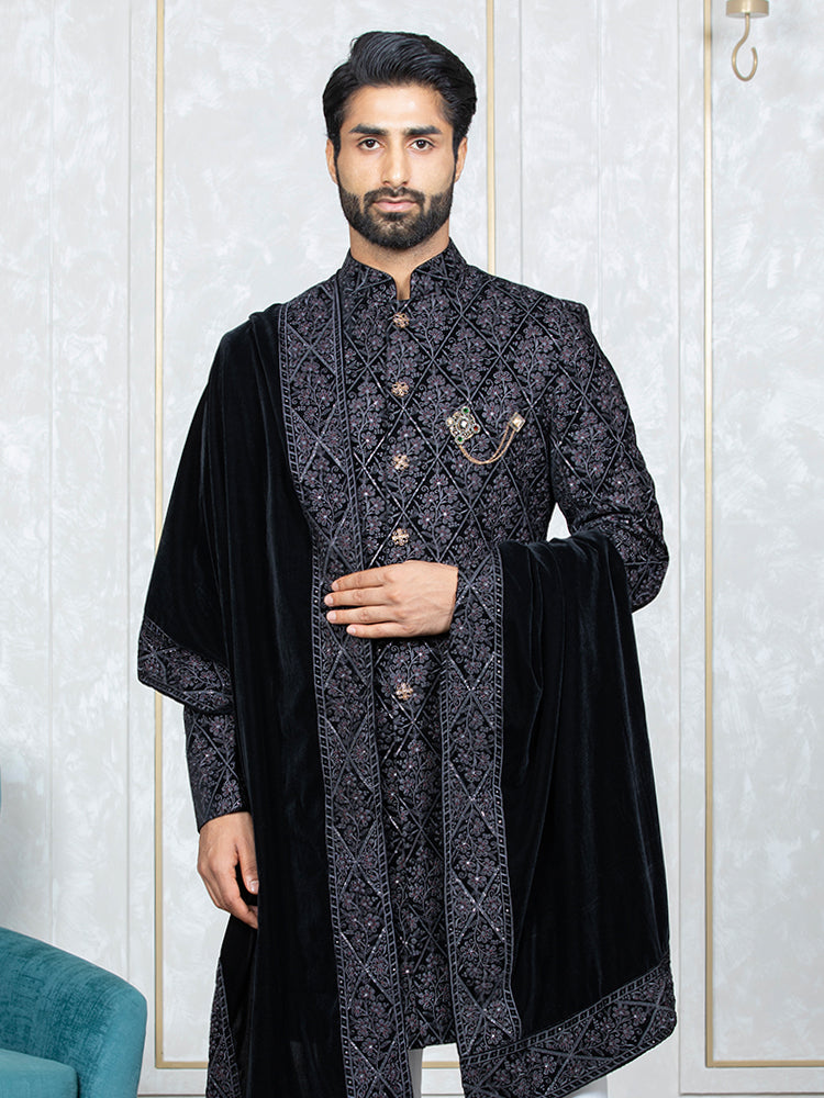 Grey Velvet Embroidered Sherwani Set with Dupatta