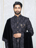 Grey Velvet Embroidered Sherwani Set with Dupatta