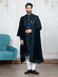 Rama Green Velvet Embroidered Sherwani Set with Dupatta